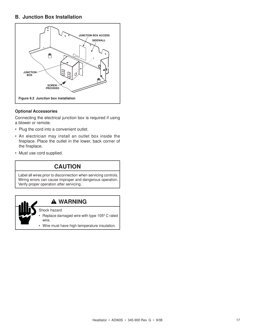 Heatiator ADI60S owner manual Junction Box Installation, Optional Accessories 