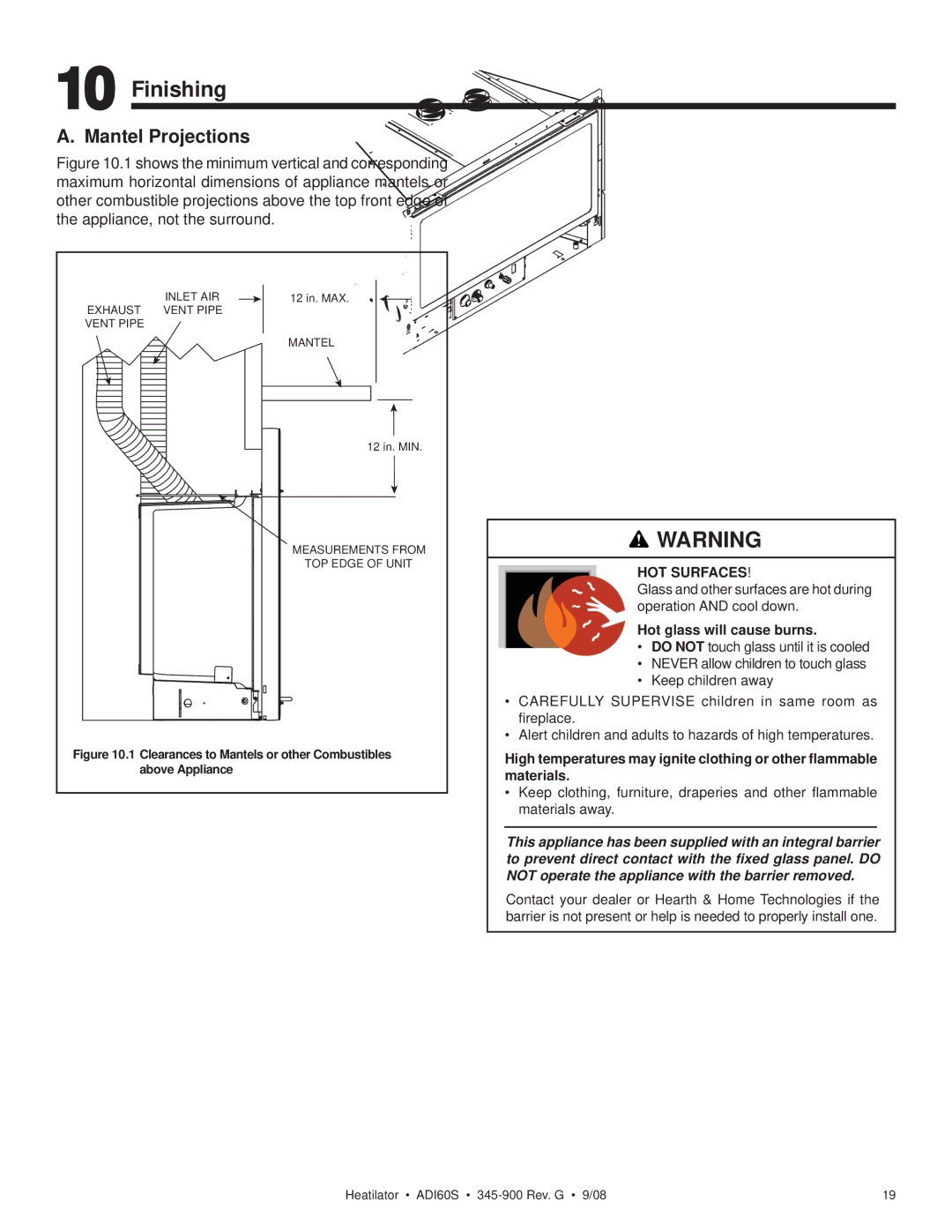 Heatiator ADI60S owner manual Finishing, Mantel Projections 