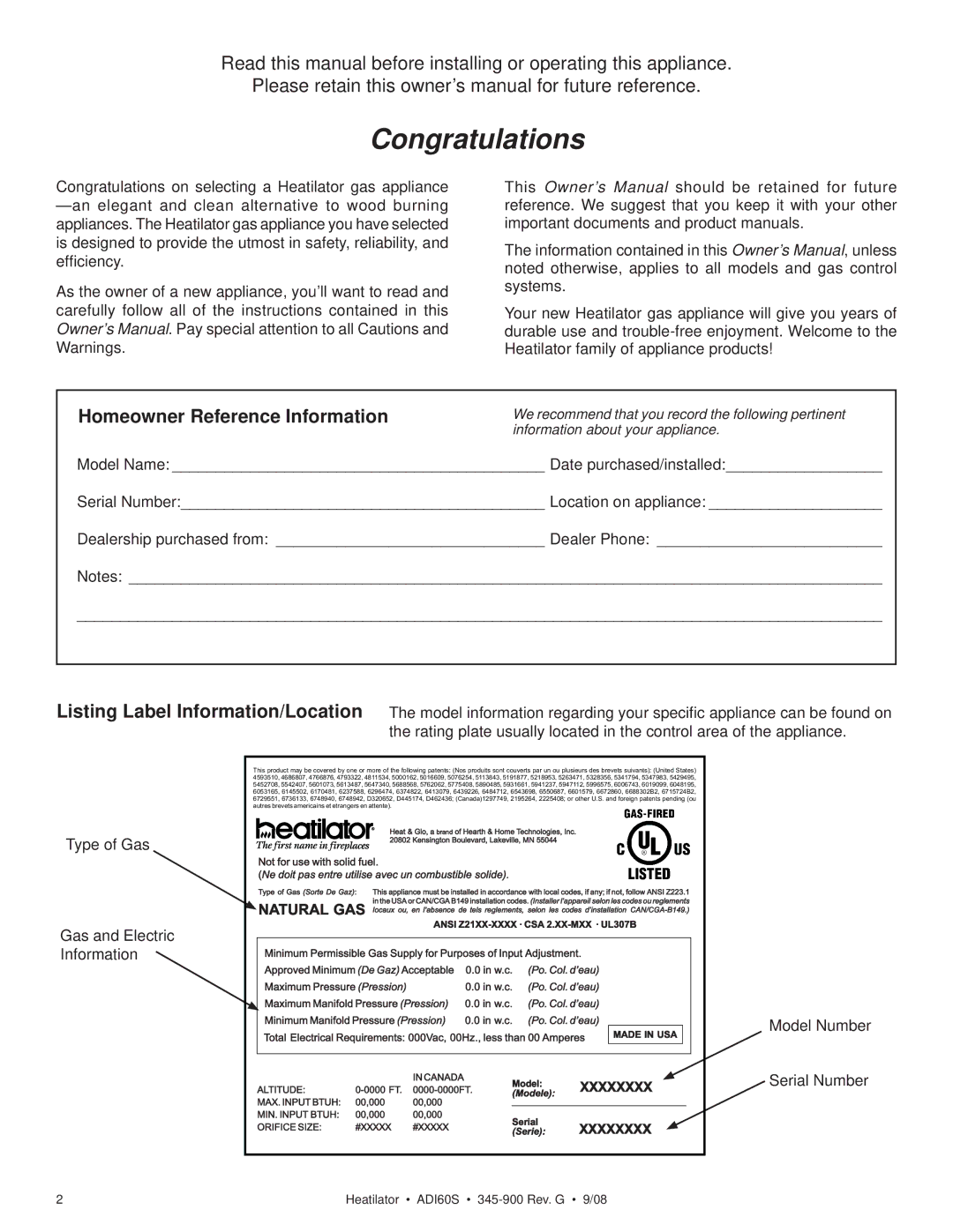 Heatiator ADI60S owner manual Homeowner Reference Information, Xxxxxxxx 