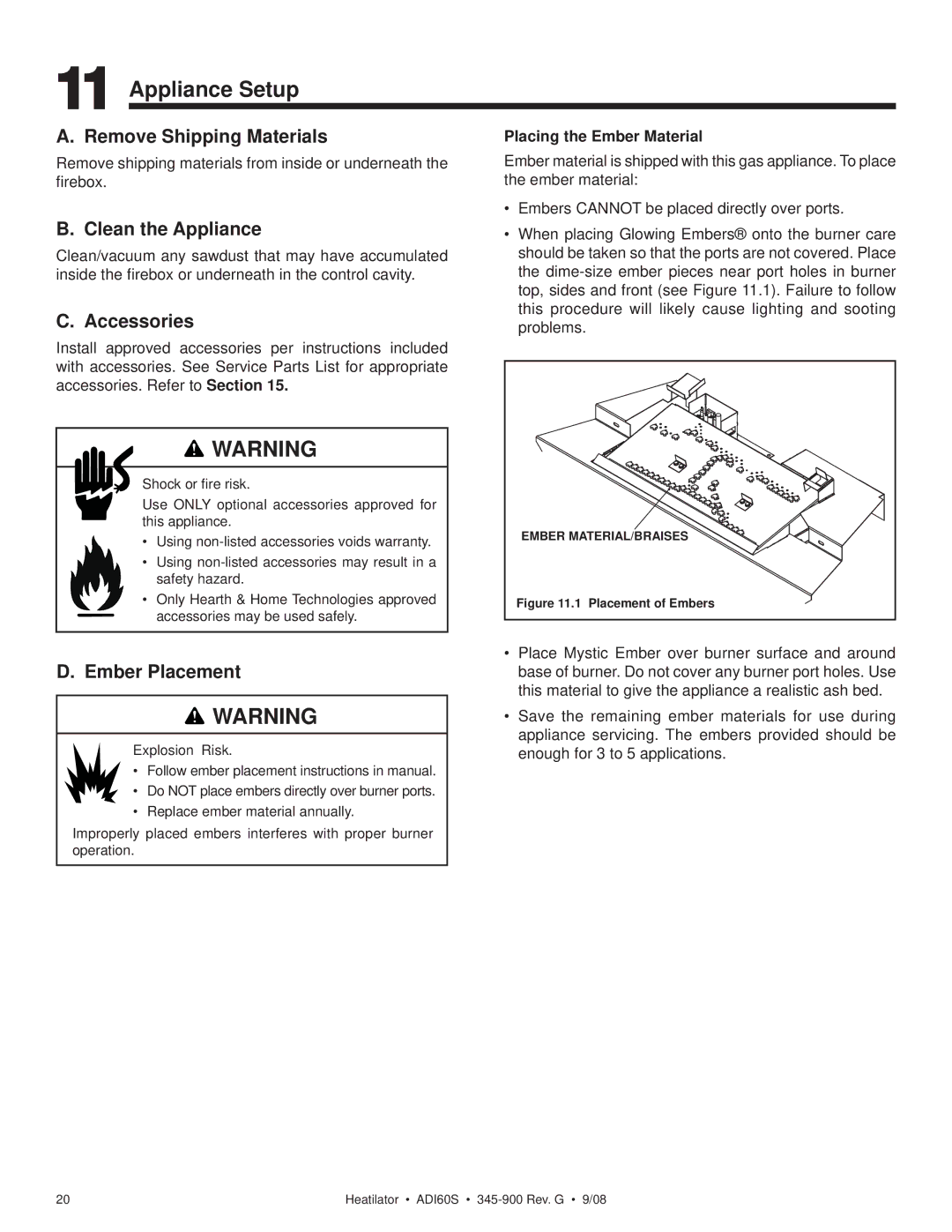 Heatiator ADI60S owner manual Appliance Setup, Remove Shipping Materials, Clean the Appliance, Accessories, Ember Placement 