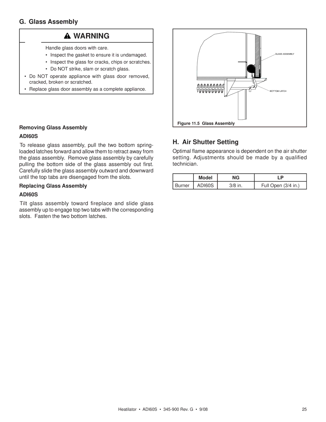 Heatiator ADI60S owner manual Air Shutter Setting, Removing Glass Assembly, Replacing Glass Assembly 