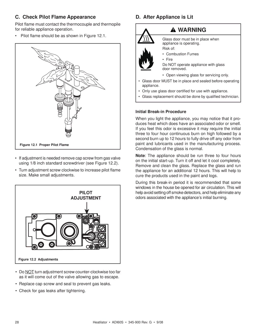 Heatiator ADI60S owner manual Check Pilot Flame Appearance, After Appliance is Lit, Initial Break-in Procedure 