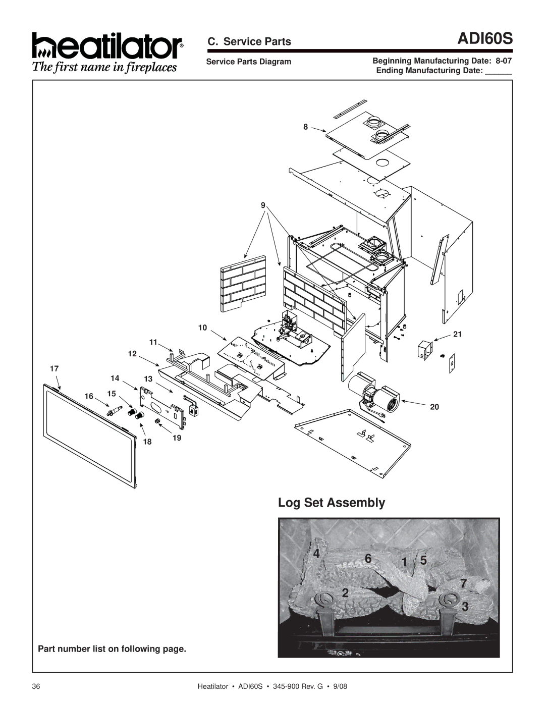 Heatiator ADI60S owner manual Log Set Assembly, Service Parts, Part number list on following 