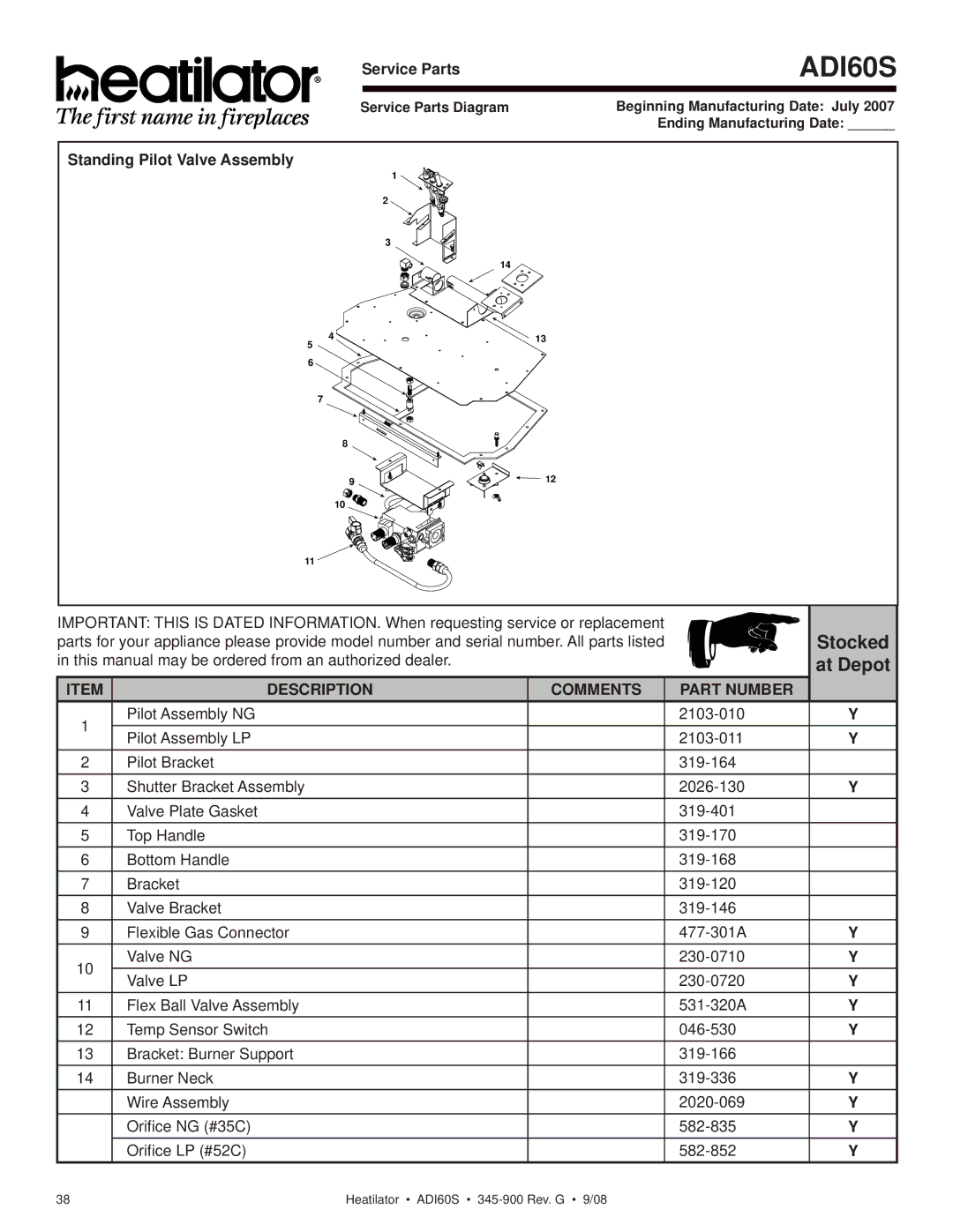 Heatiator ADI60S owner manual Stocked, Standing Pilot Valve Assembly 