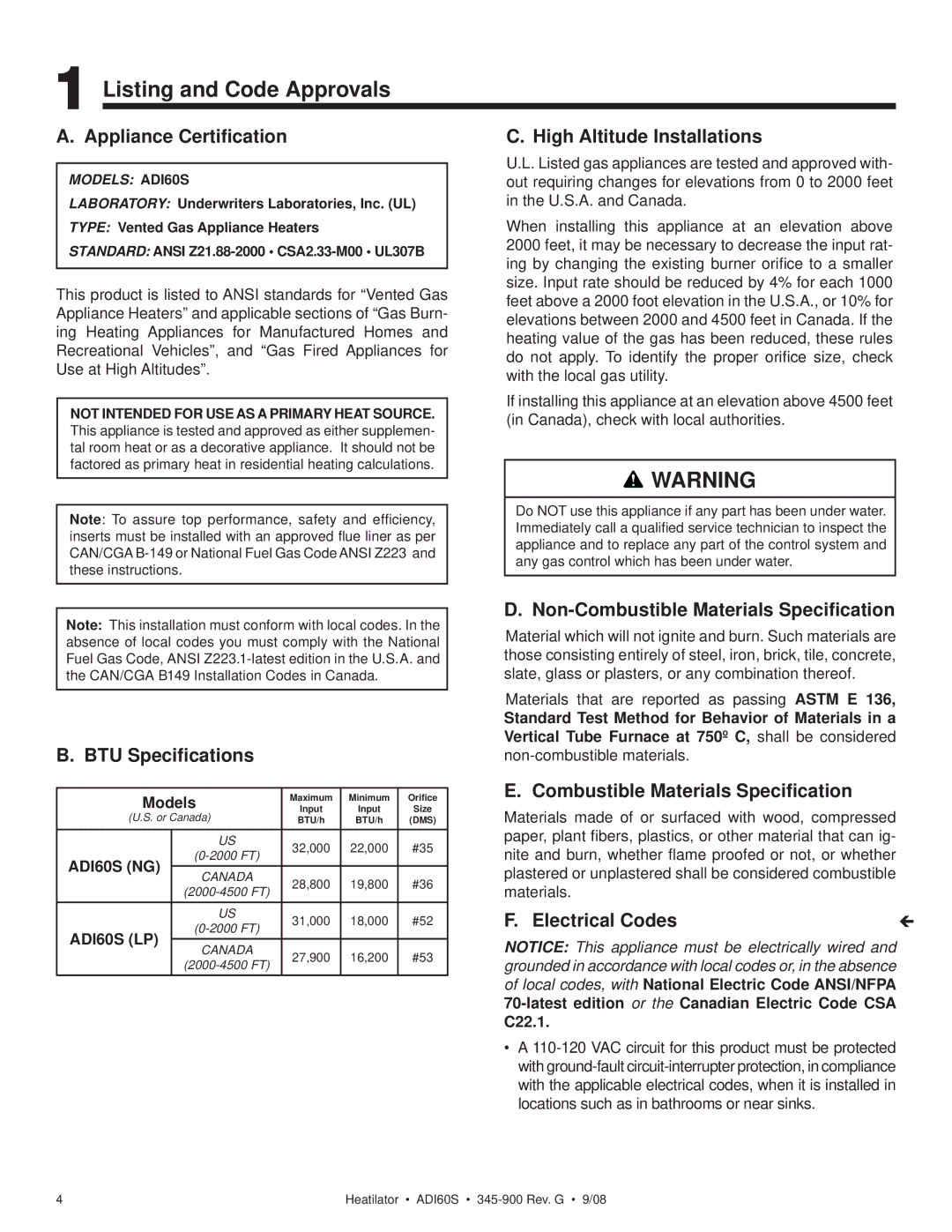 Heatiator ADI60S owner manual Listing and Code Approvals 