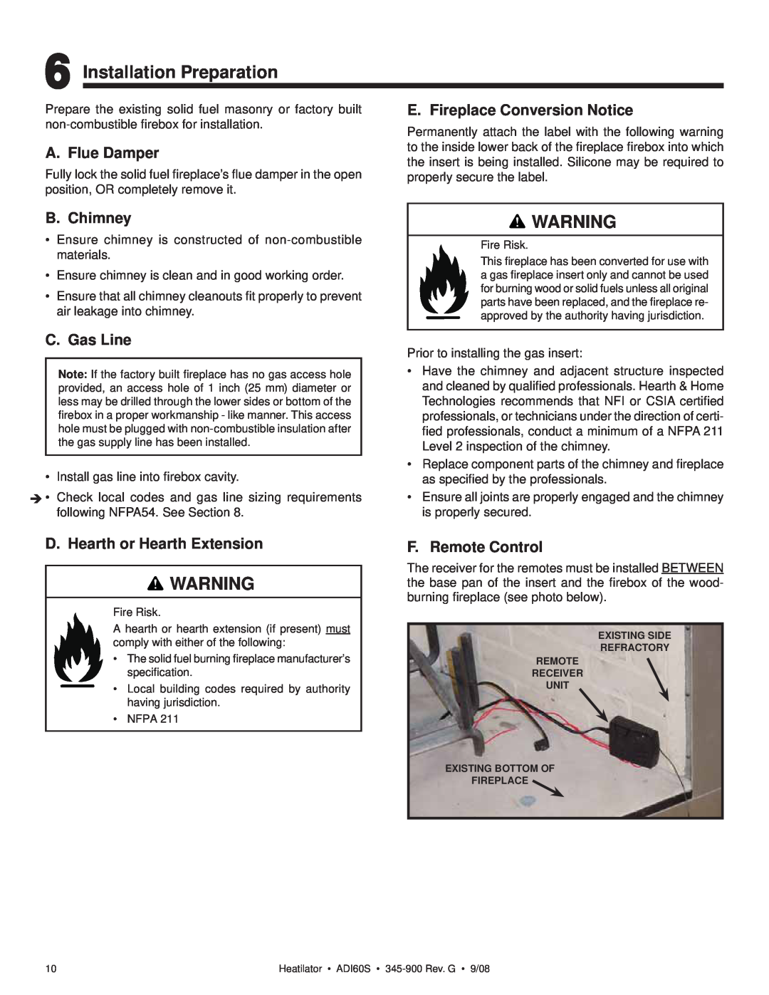Heatiator ADI60S Installation Preparation, A. Flue Damper, E. Fireplace Conversion Notice, B. Chimney, C. Gas Line 