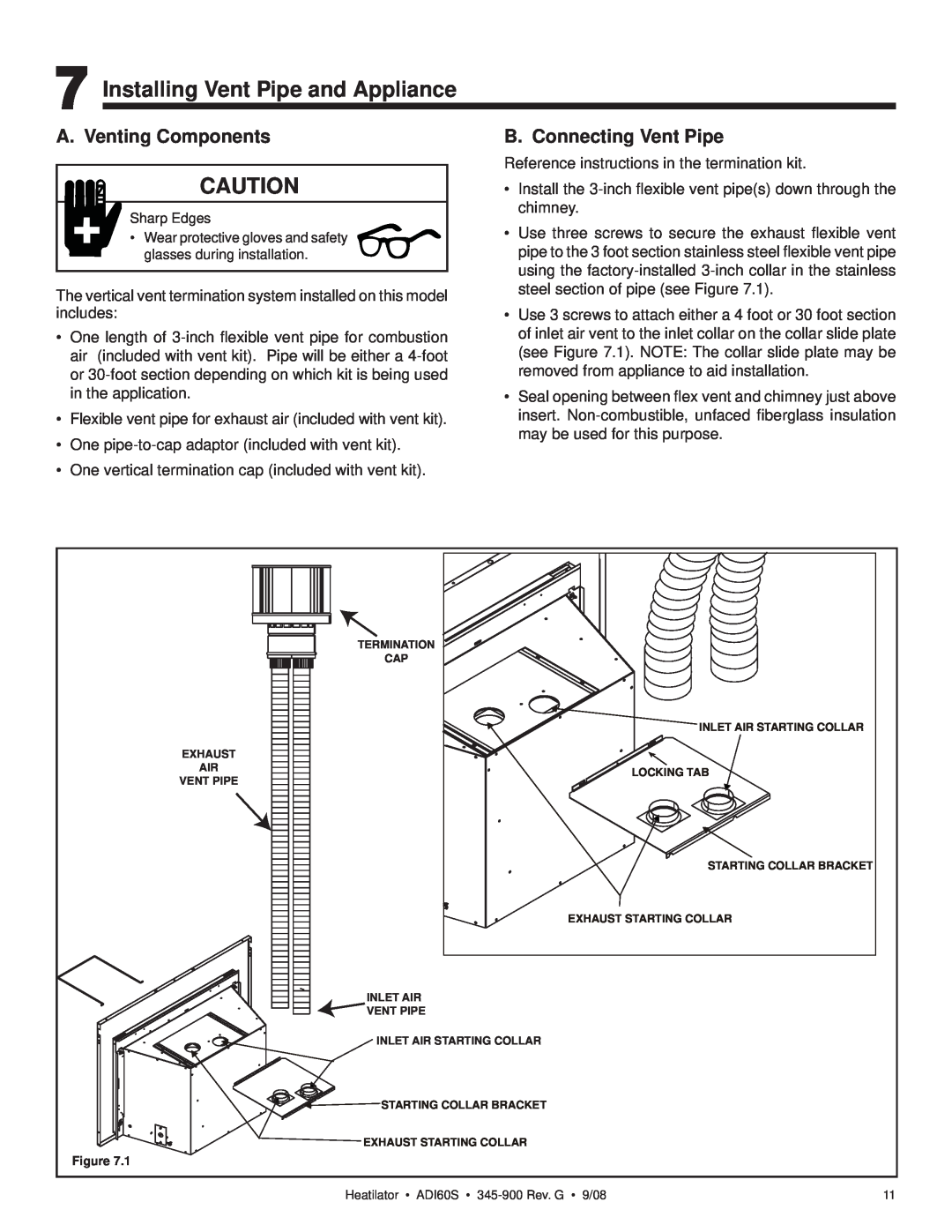 Heatiator ADI60S owner manual Installing Vent Pipe and Appliance, A. Venting Components, B. Connecting Vent Pipe 