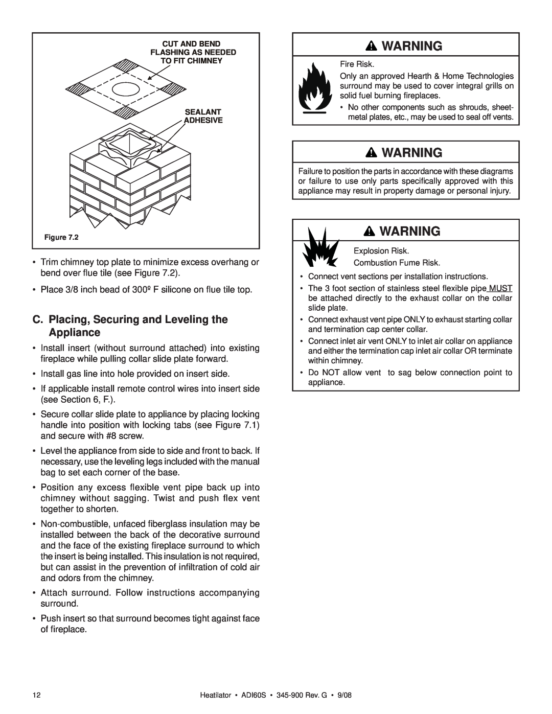 Heatiator ADI60S owner manual C.Placing, Securing and Leveling the Appliance 