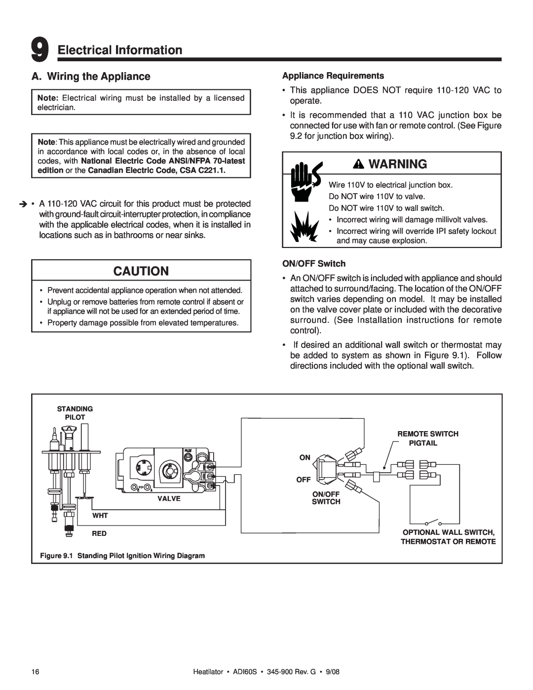 Heatiator ADI60S owner manual Electrical Information, A. Wiring the Appliance 