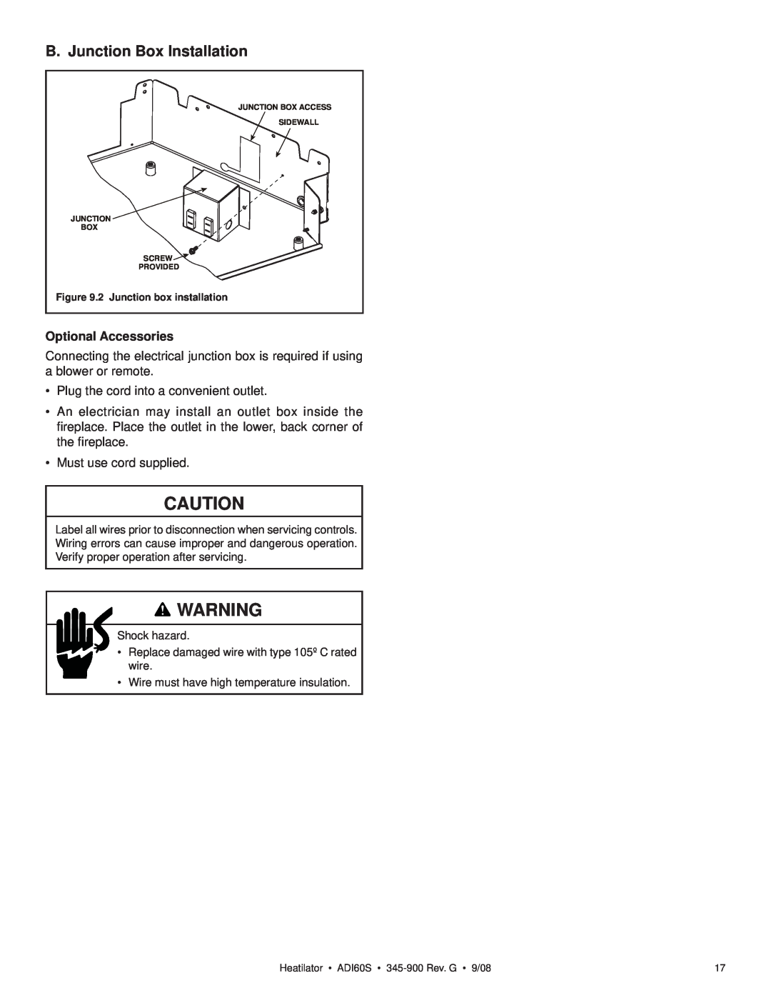 Heatiator ADI60S owner manual B. Junction Box Installation, Optional Accessories 