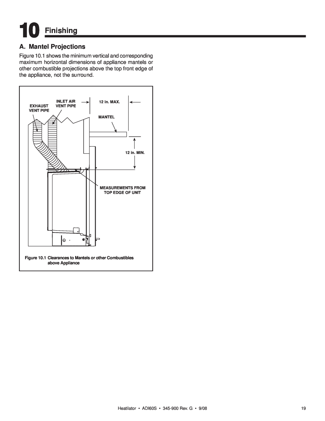 Heatiator Finishing, A. Mantel Projections, Heatilator ADI60S 345-900Rev. G 9/08, Inlet Air, Exhaust Vent Pipe 