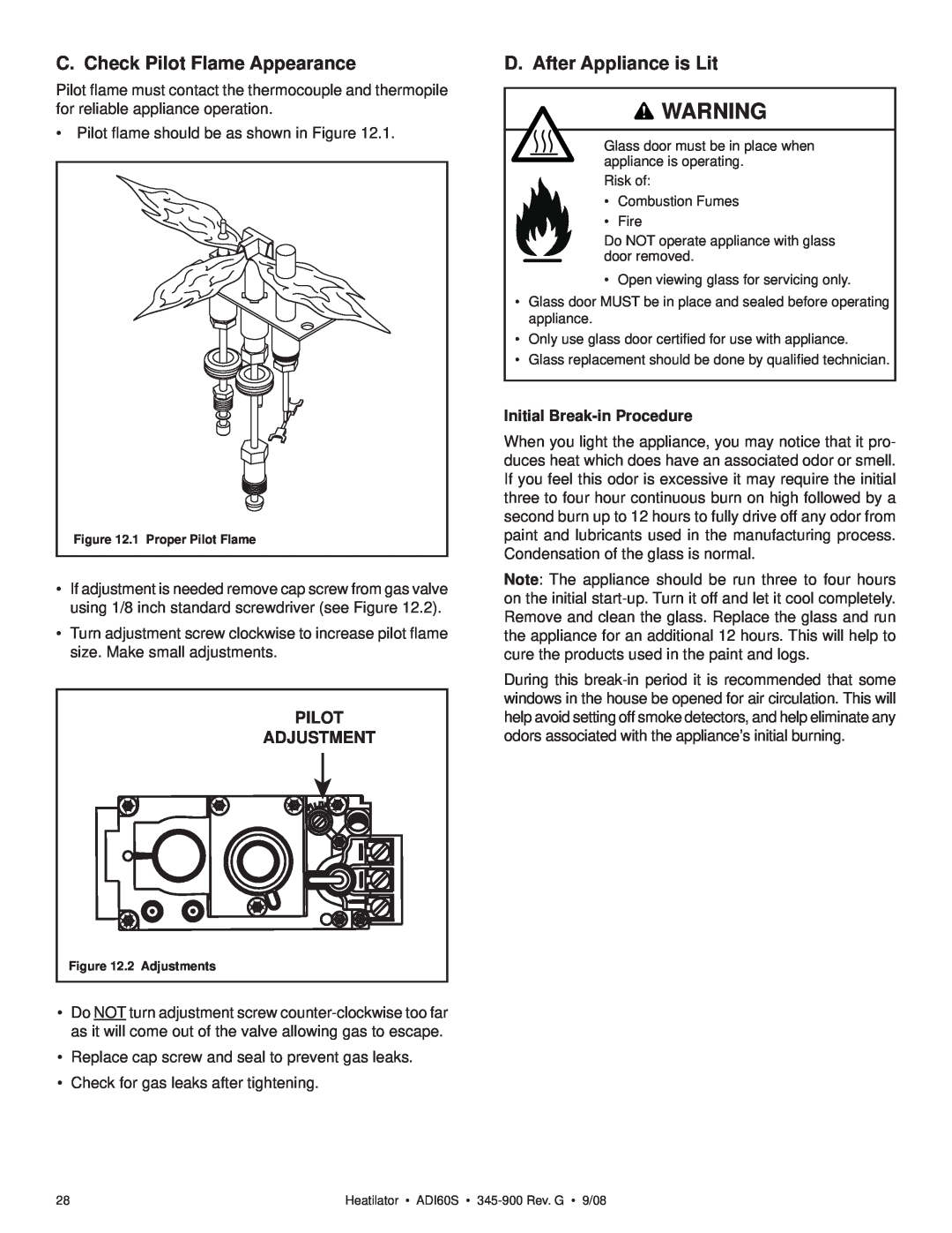 Heatiator ADI60S owner manual C. Check Pilot Flame Appearance, D. After Appliance is Lit, Adjustment 