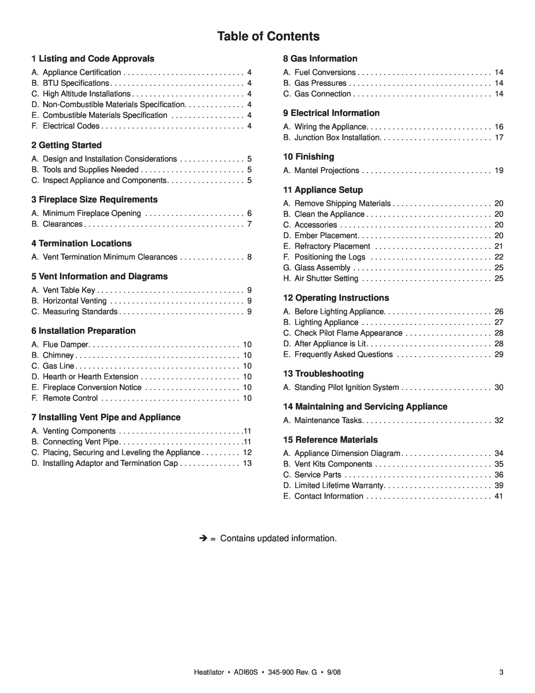 Heatiator ADI60S owner manual Table of Contents 