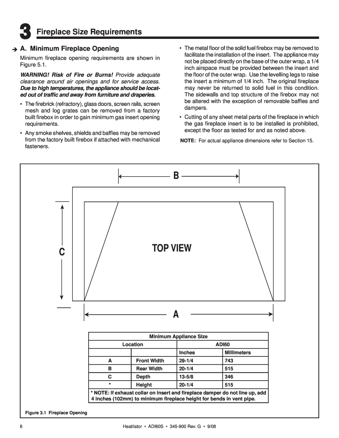 Heatiator ADI60S owner manual Fireplace Size Requirements, Top View, A. Minimum Fireplace Opening 