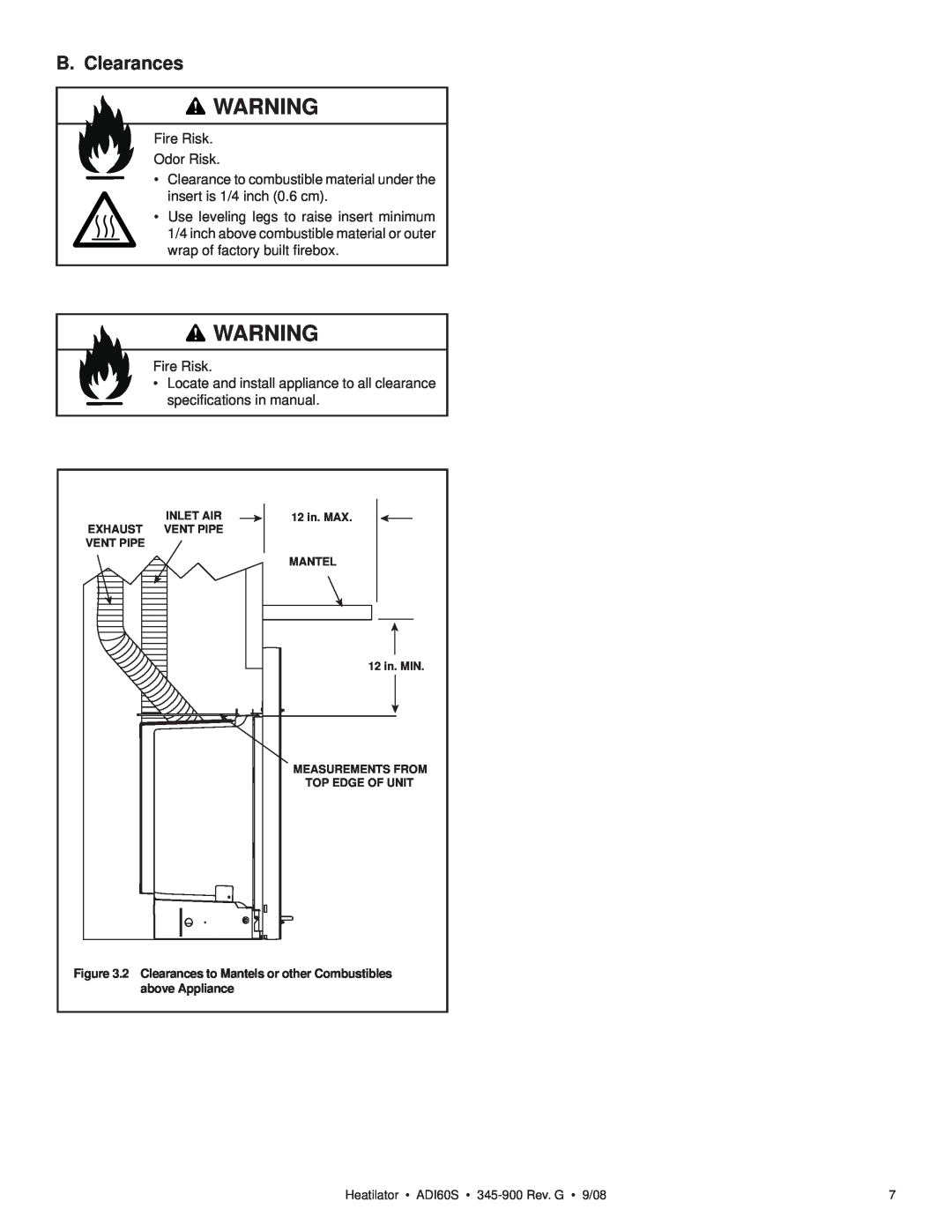 Heatiator ADI60S owner manual B. Clearances 