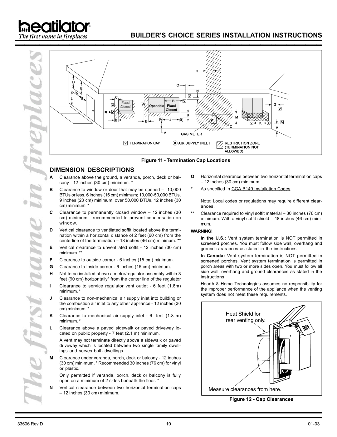 Heatiator BCDV36 manual Dimension Descriptions, Termination Cap Locations 