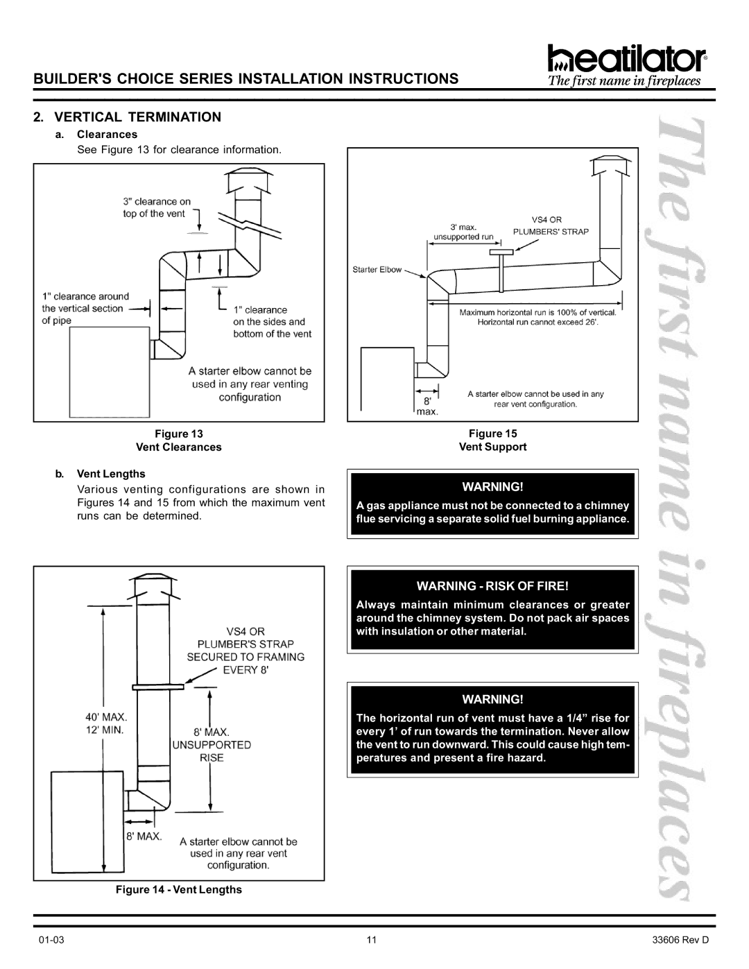 Heatiator BCDV36 manual Vertical Termination, Vent Clearances Vent Lengths, Vent Support 