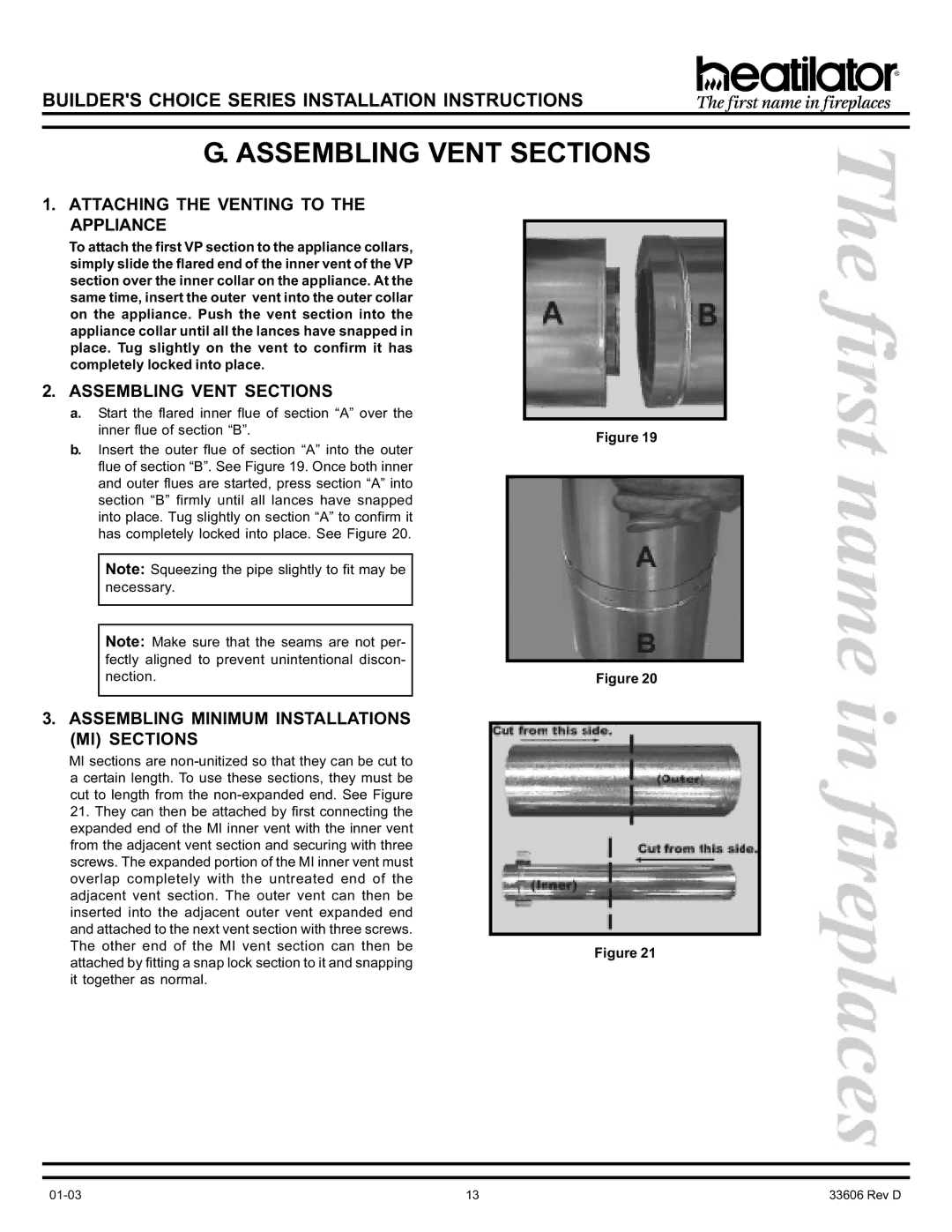 Heatiator BCDV36 manual Assembling Vent Sections, Attaching the Venting to the Appliance 