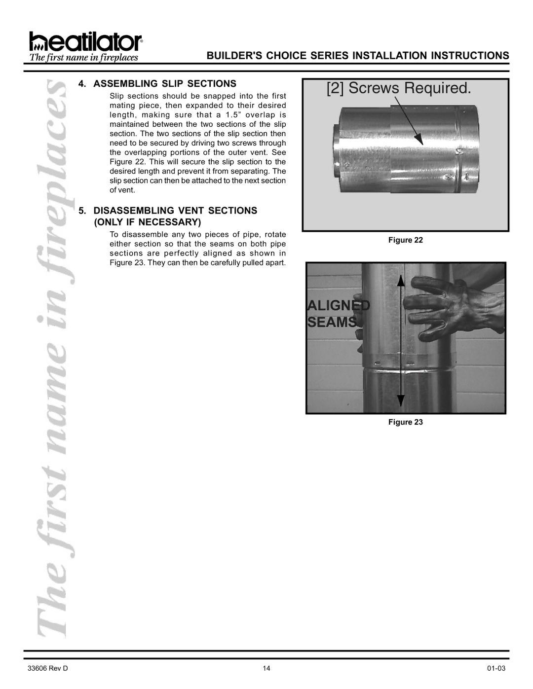 Heatiator BCDV36 manual Assembling Slip Sections, Disassembling Vent Sections only if Necessary 