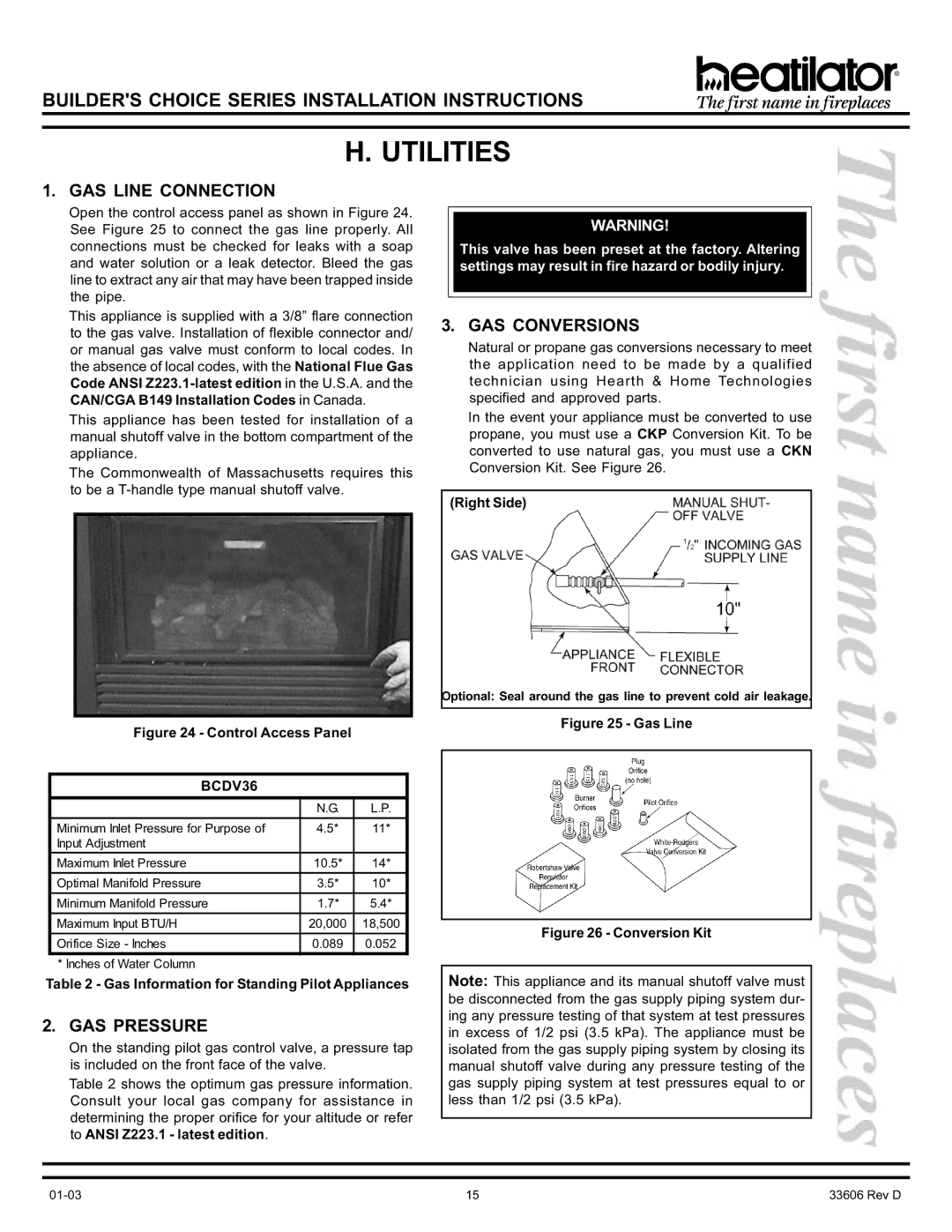 Heatiator BCDV36 manual Utilities, GAS Line Connection, GAS Pressure, GAS Conversions 