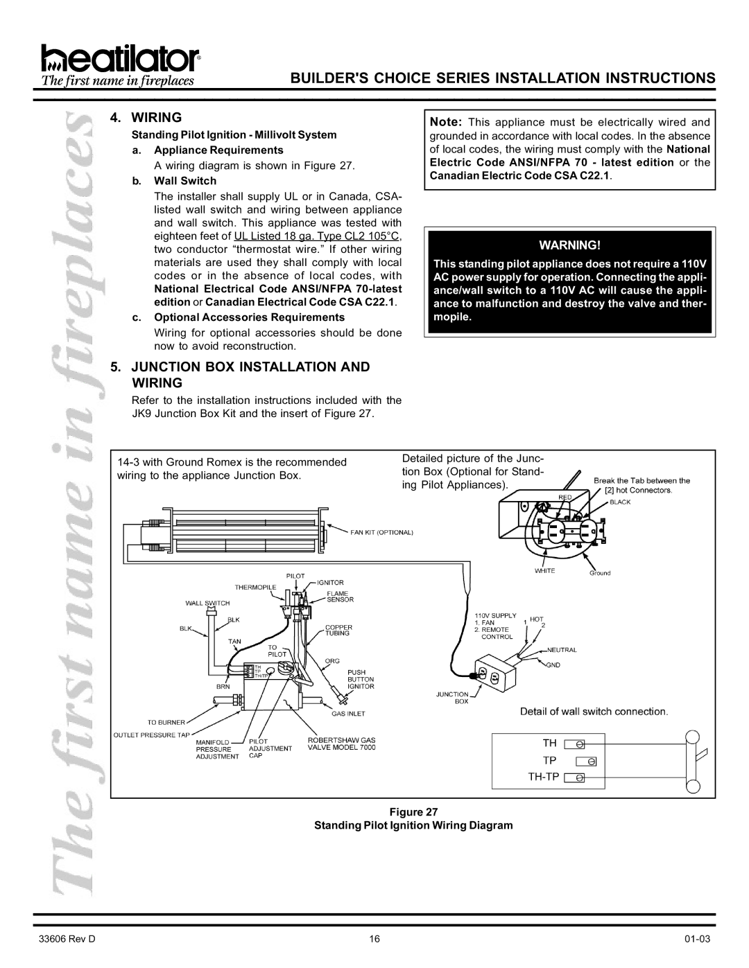 Heatiator BCDV36 manual Junction BOX Installation and Wiring, Wall Switch, Standing Pilot Ignition Wiring Diagram 