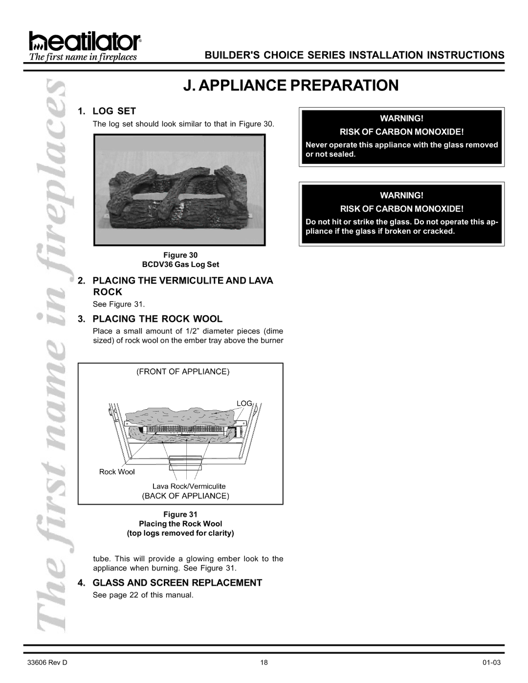 Heatiator BCDV36 manual Appliance Preparation, Log Set, Placing the Vermiculite and Lava Rock, Placing the Rock Wool 