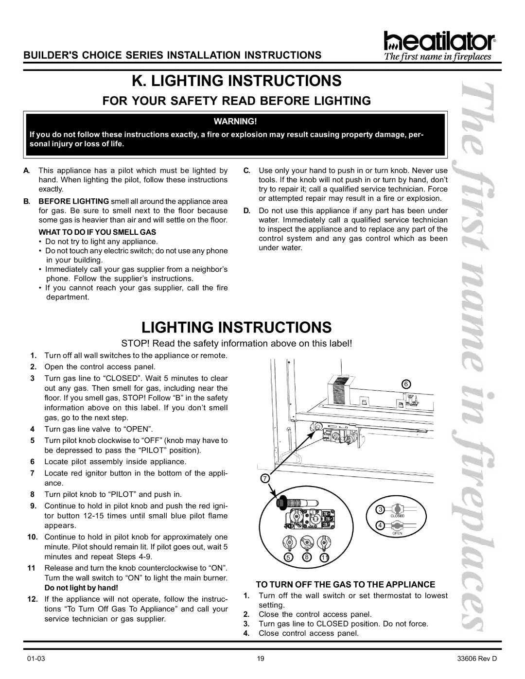 Heatiator BCDV36 manual Lighting Instructions, Do not light by hand 