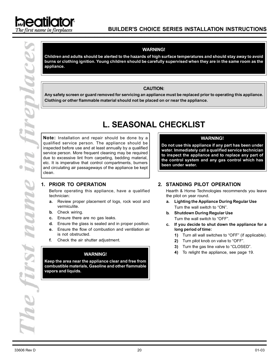 Heatiator BCDV36 manual Seasonal Checklist, Prior to Operation, Standing Pilot Operation 