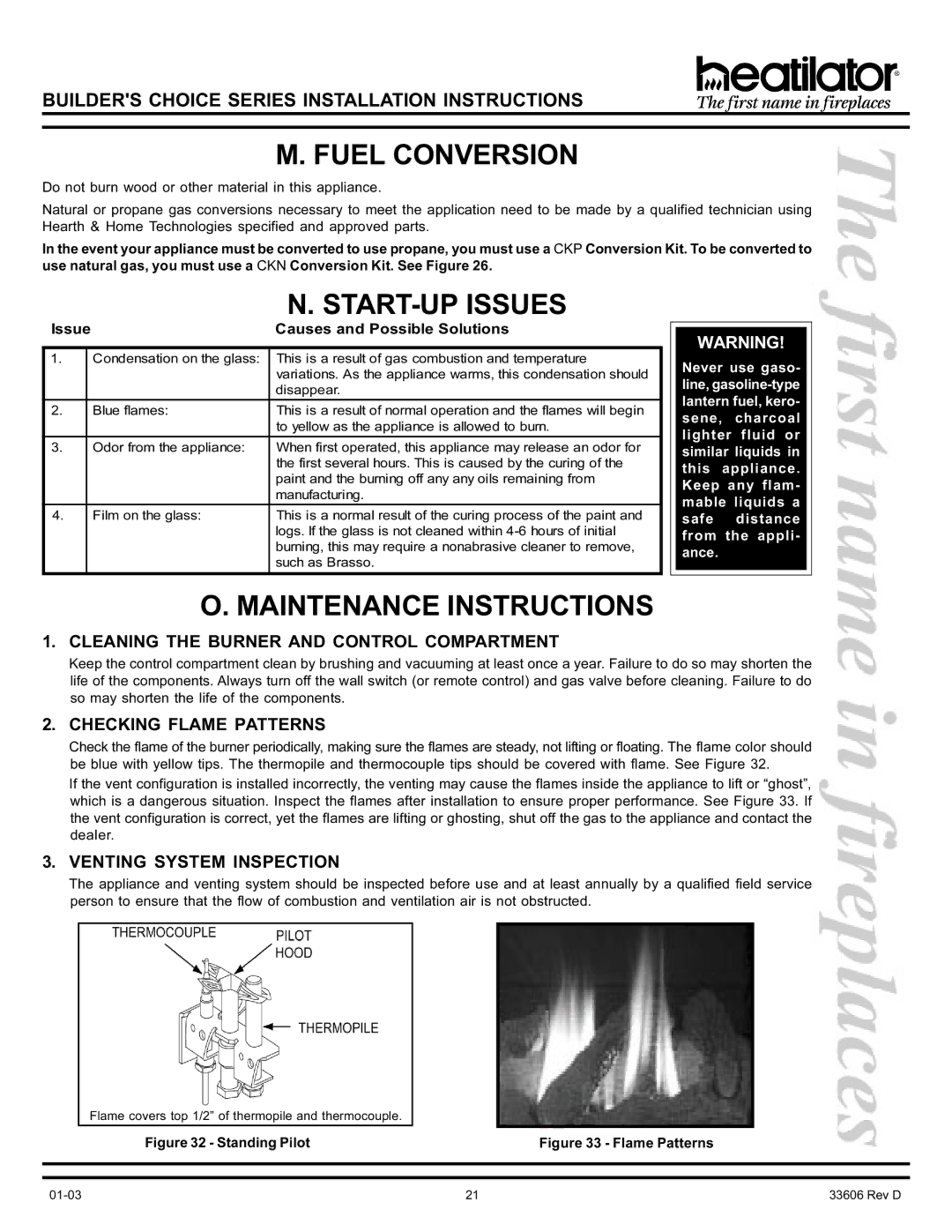 Heatiator BCDV36 manual Fuel Conversion, START-UP Issues, Maintenance Instructions 