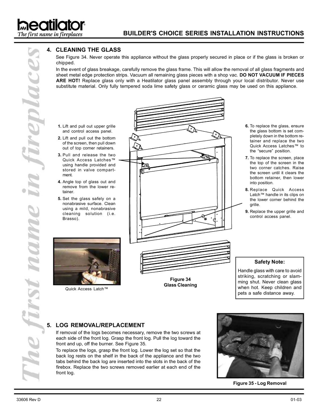 Heatiator BCDV36 manual Cleaning the Glass, Log Removal/Replacement, Glass Cleaning 