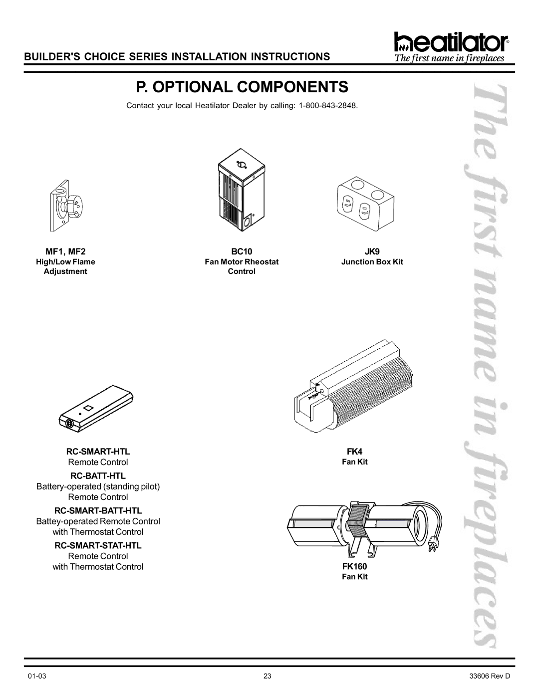 Heatiator BCDV36 manual Optional Components, Fan Kit 