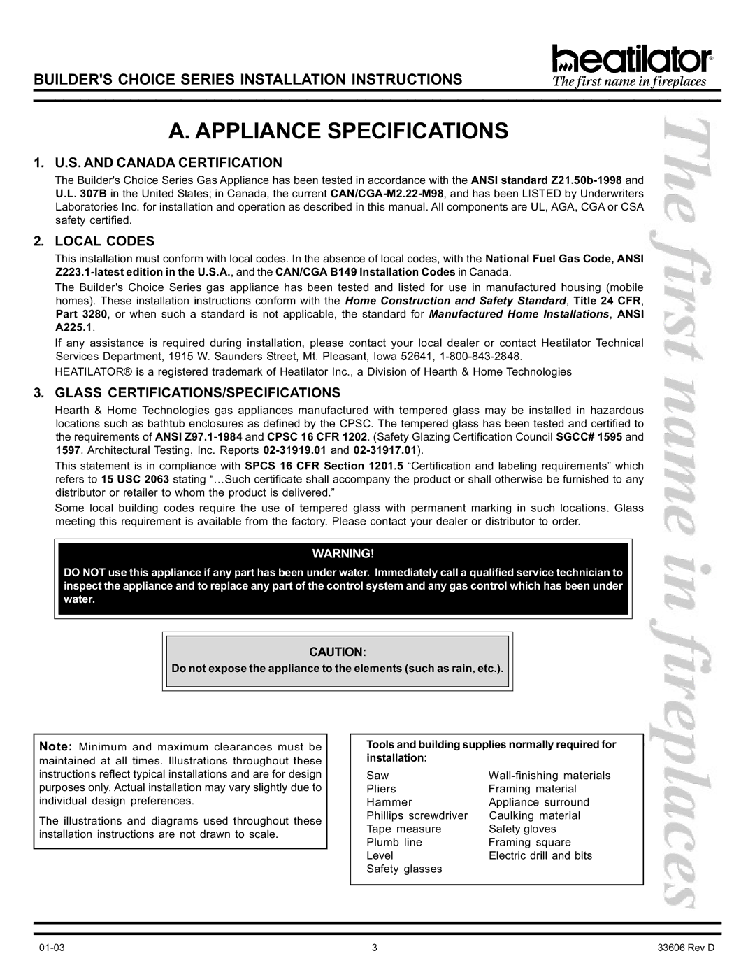 Heatiator BCDV36 Appliance Specifications, S. and Canada Certification, Local Codes, Glass CERTIFICATIONS/SPECIFICATIONS 