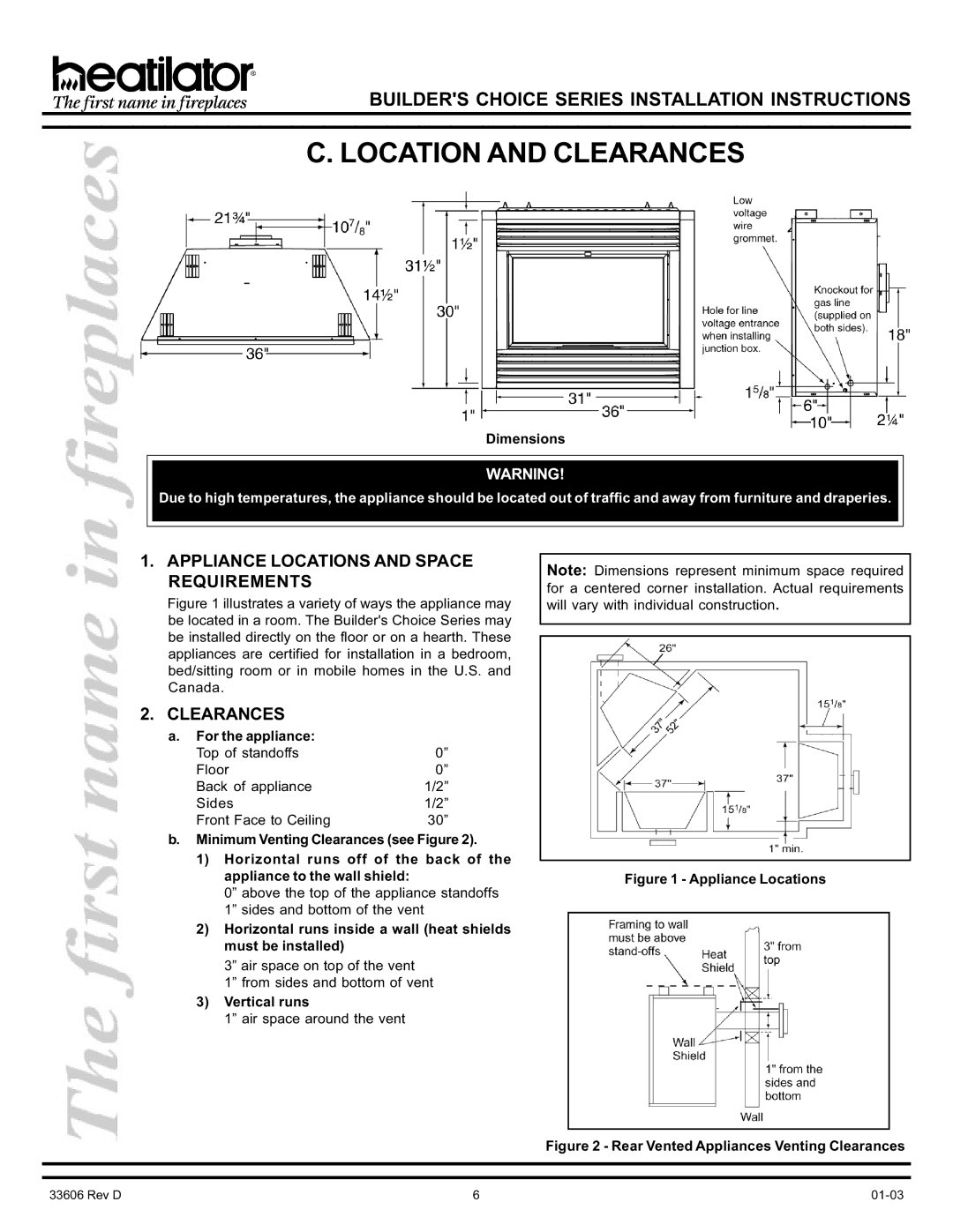 Heatiator BCDV36 manual Location and Clearances, Appliance Locations and Space Requirements 