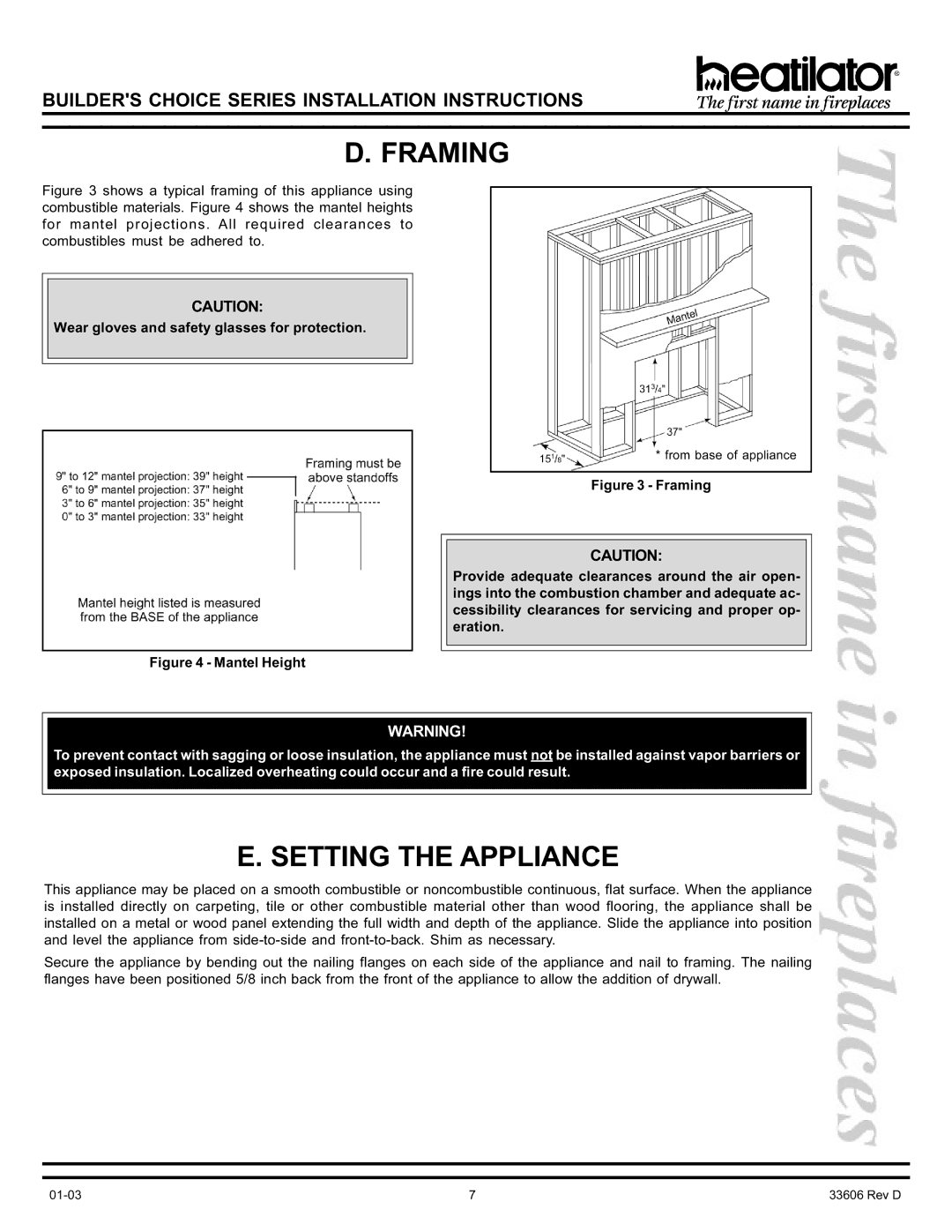 Heatiator BCDV36 manual Framing, Setting the Appliance, Wear gloves and safety glasses for protection 