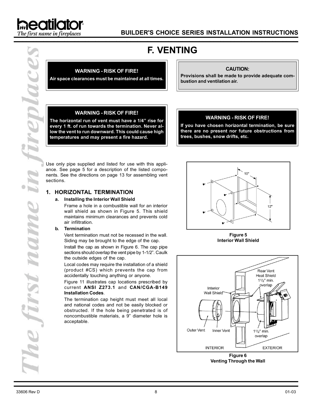 Heatiator BCDV36 manual Venting, Horizontal Termination, Installing the Interior Wall Shield 