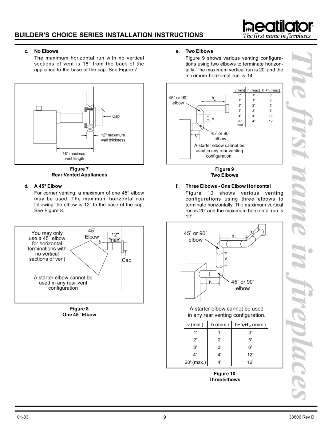 Heatiator BCDV36 manual No Elbows, Rear Vented Appliances 45 Elbow, One 45 Elbow Two Elbows, Three Elbows 