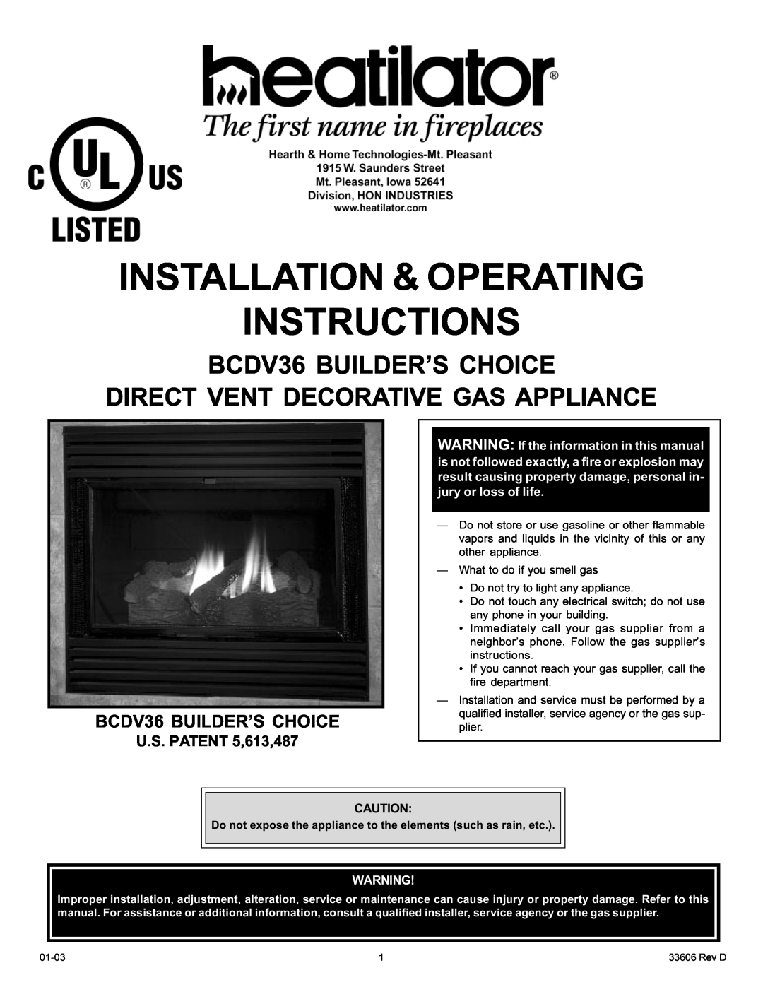 Heatiator manual BCDV36 BUILDER’S CHOICE, U.S. PATENT 5,613,487, Installation & Operating Instructions 