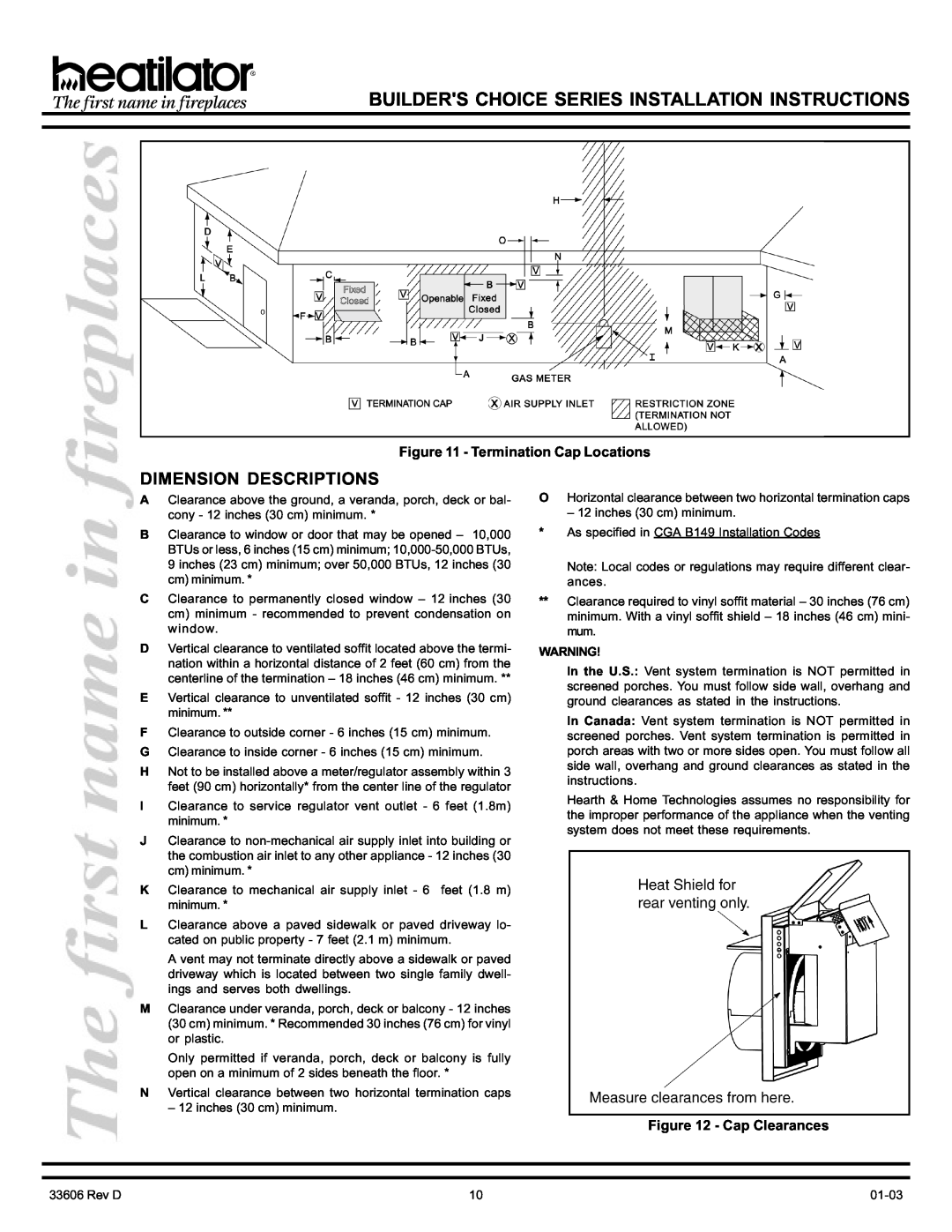 Heatiator BCDV36 manual Dimension Descriptions, Termination Cap Locations, Cap Clearances 