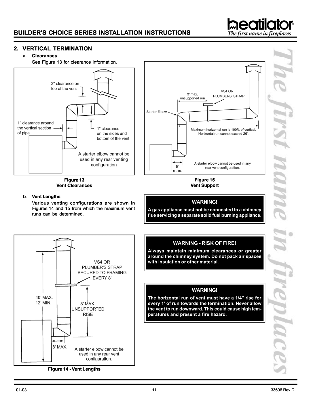 Heatiator BCDV36 manual Vertical Termination, a.Clearances, Figure Vent Clearances b.Vent Lengths, Figure Vent Support 
