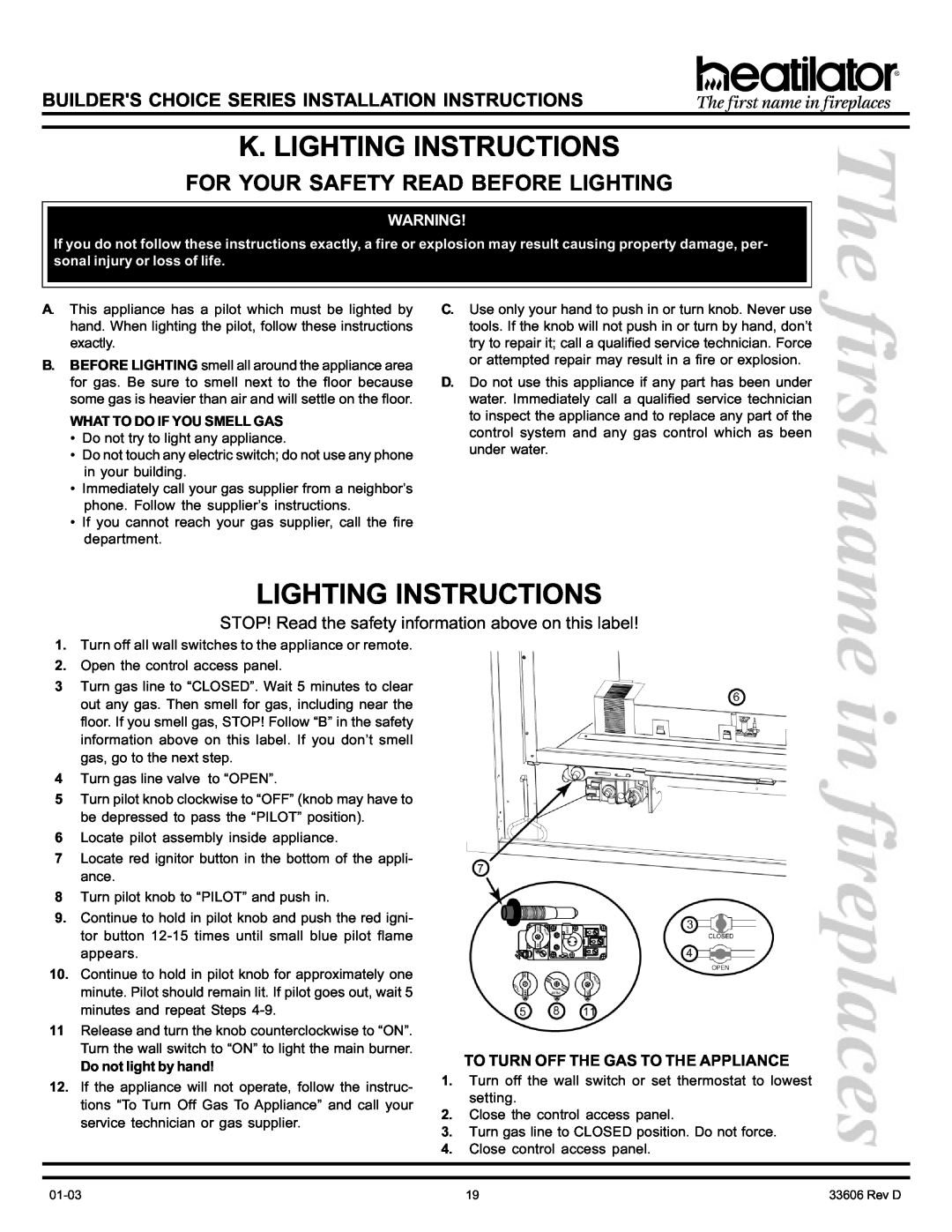 Heatiator BCDV36 K. Lighting Instructions, For Your Safety Read Before Lighting, To Turn Off The Gas To The Appliance 