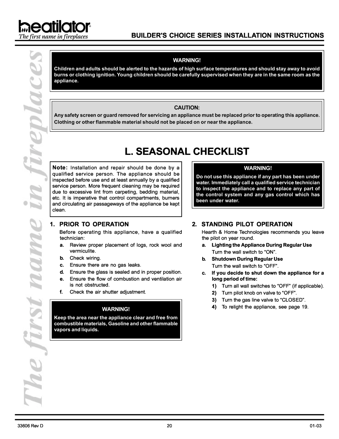 Heatiator BCDV36 manual L. Seasonal Checklist, Prior To Operation, Standing Pilot Operation 