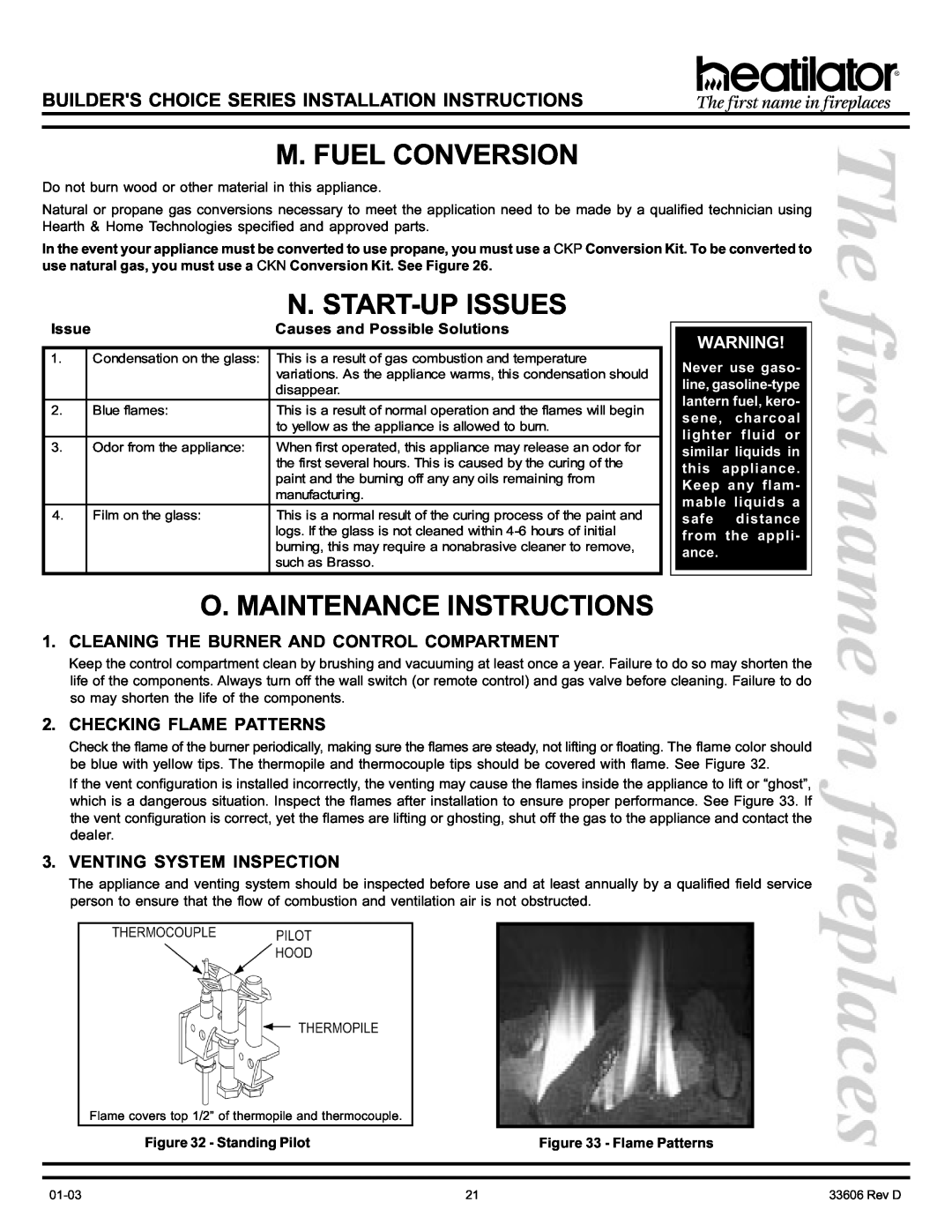 Heatiator BCDV36 manual M. Fuel Conversion, N. Start-Upissues, O. Maintenance Instructions, Checking Flame Patterns, Issue 