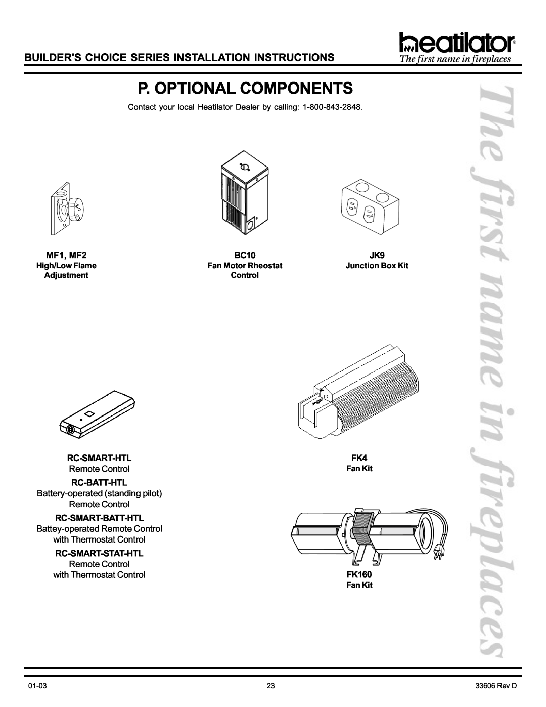 Heatiator BCDV36 P. Optional Components, MF1, MF2, BC10, Rc-Smart-Htl, FK160, High/Low Flame, Fan Motor Rheostat, Control 