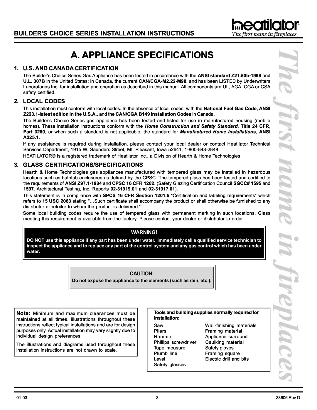 Heatiator BCDV36 manual A. Appliance Specifications, 1. U.S. AND CANADA CERTIFICATION, Local Codes 
