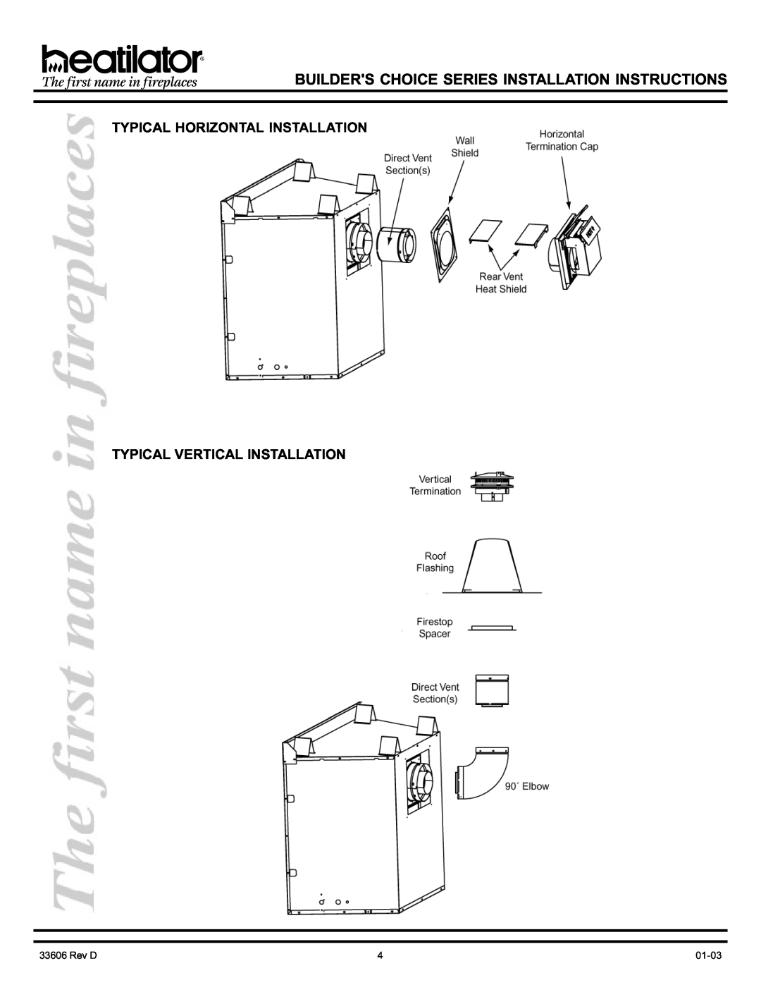 Heatiator BCDV36 manual Typical Horizontal Installation, Typical Vertical Installation, Rev D, 01-03 
