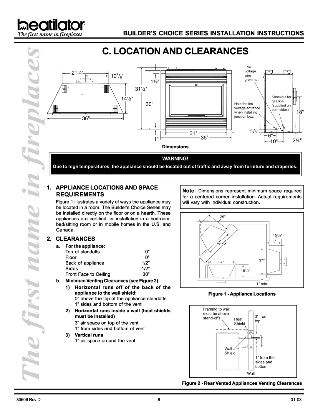 Heatiator BCDV36 C. Location And Clearances, Appliance Locations And Space Requirements, Dimensions, a. For the appliance 