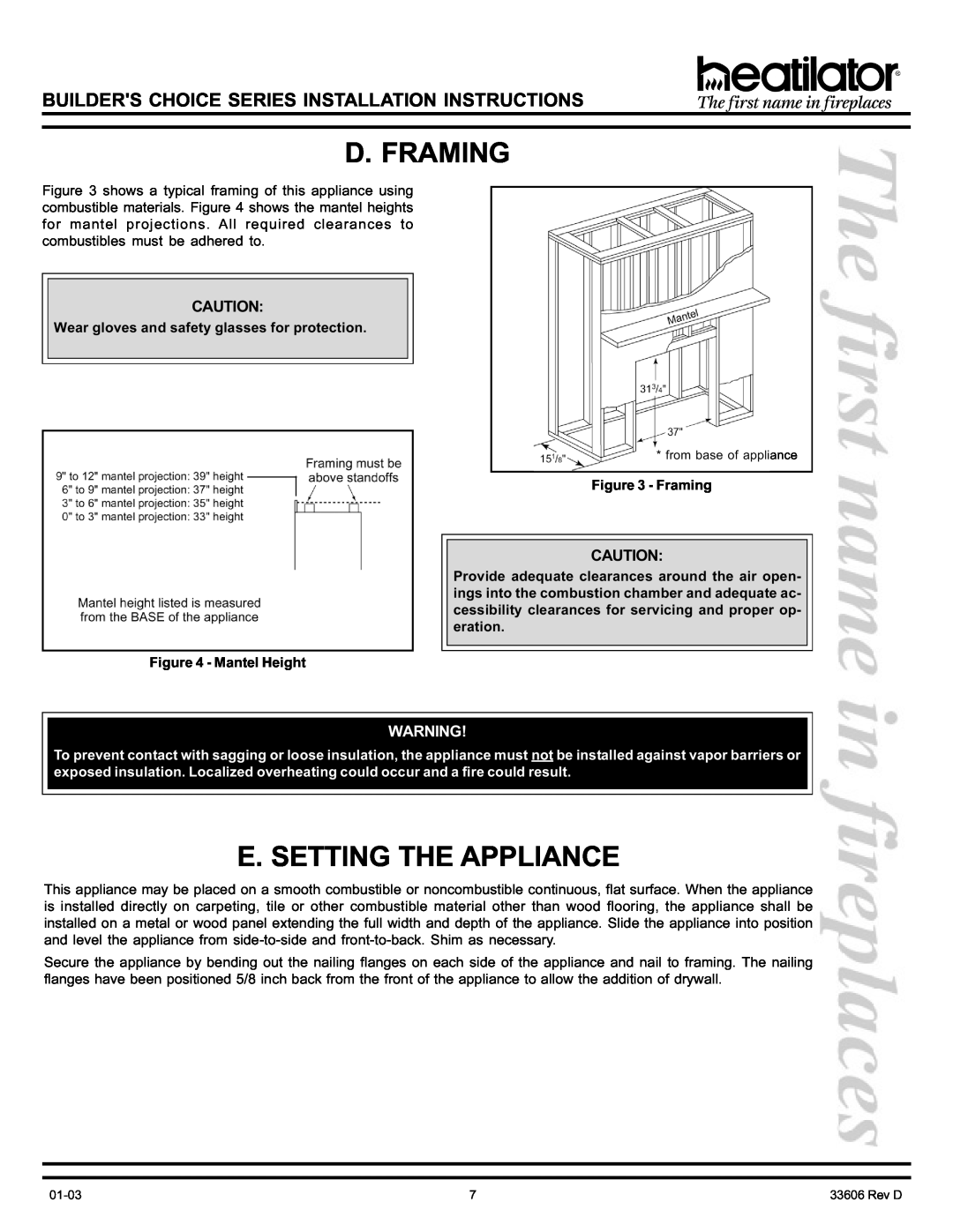 Heatiator BCDV36 manual D. Framing, E. Setting The Appliance, Wear gloves and safety glasses for protection, Mantel Height 