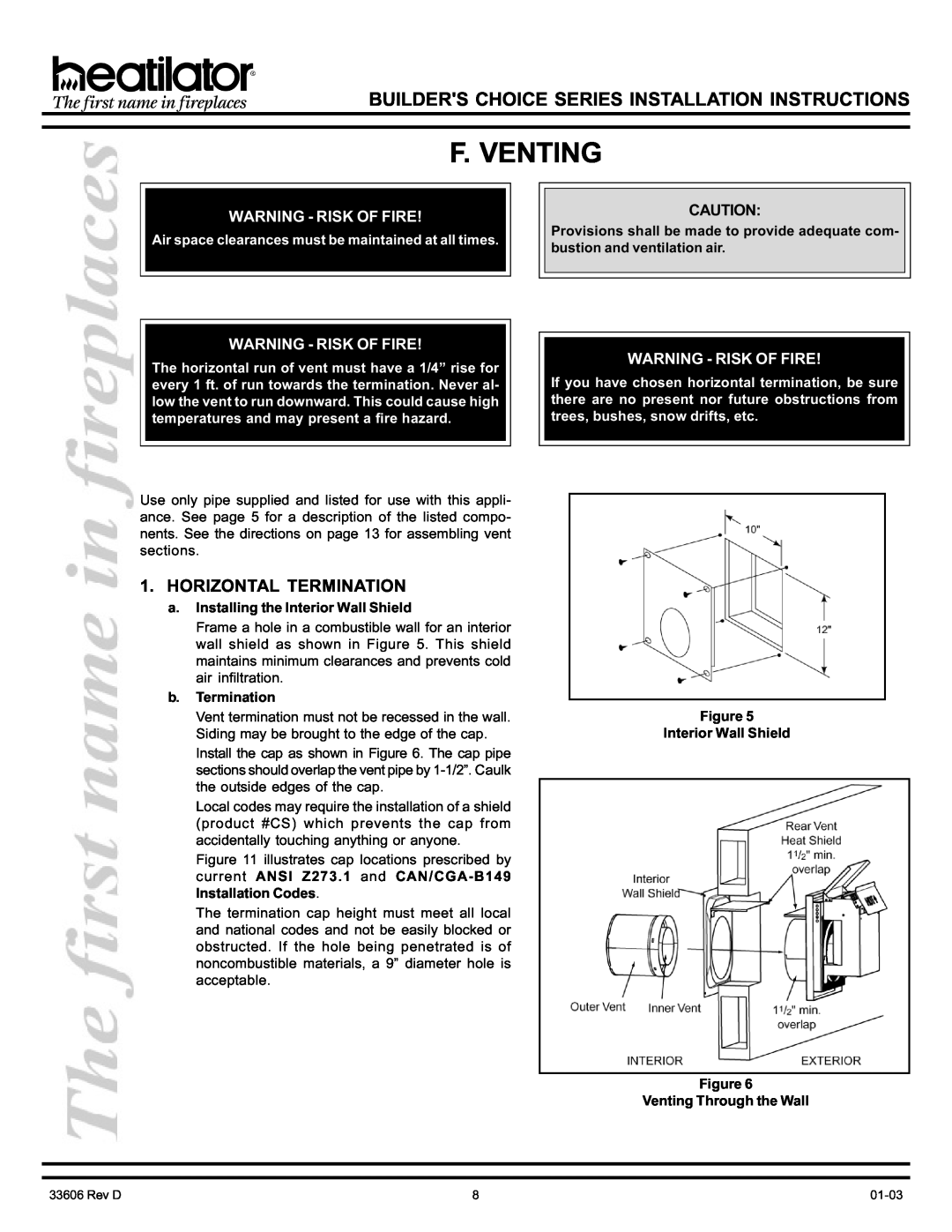 Heatiator BCDV36 manual F. Venting, Horizontal Termination, Warning - Risk Of Fire, a.Installing the Interior Wall Shield 