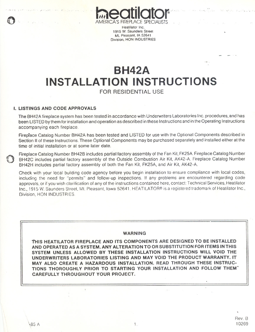 Heatiator BH42A manual 