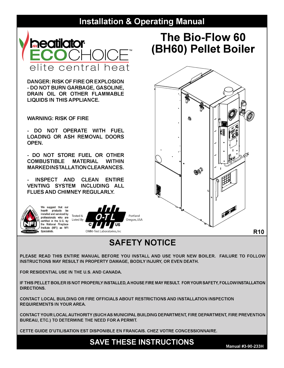 Heatiator manual Bio-Flow BH60 Pellet Boiler, Installation & Operating Manual 